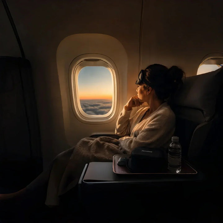 traveler resting by an airplane window with sleep mask and travel sleep essentials