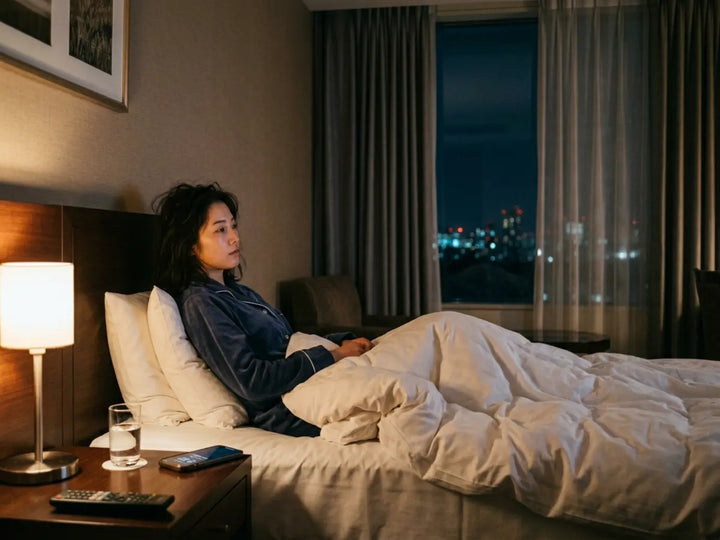 person awake in a hotel room while recovering from jet lag after travel