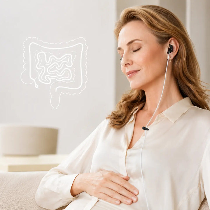 Woman resting one hand on her chest and one on her abdomen, illustrating the gut-brain connection in daily life