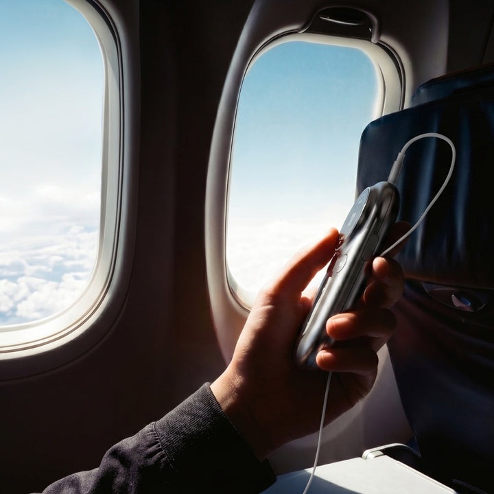 traveler using a wellness device by an airplane window