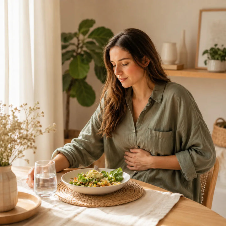 Woman at a dining table gently holding her stomach while eating a light meal