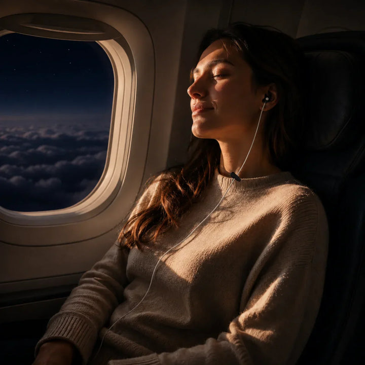 woman resting by an airplane window on a red-eye flight