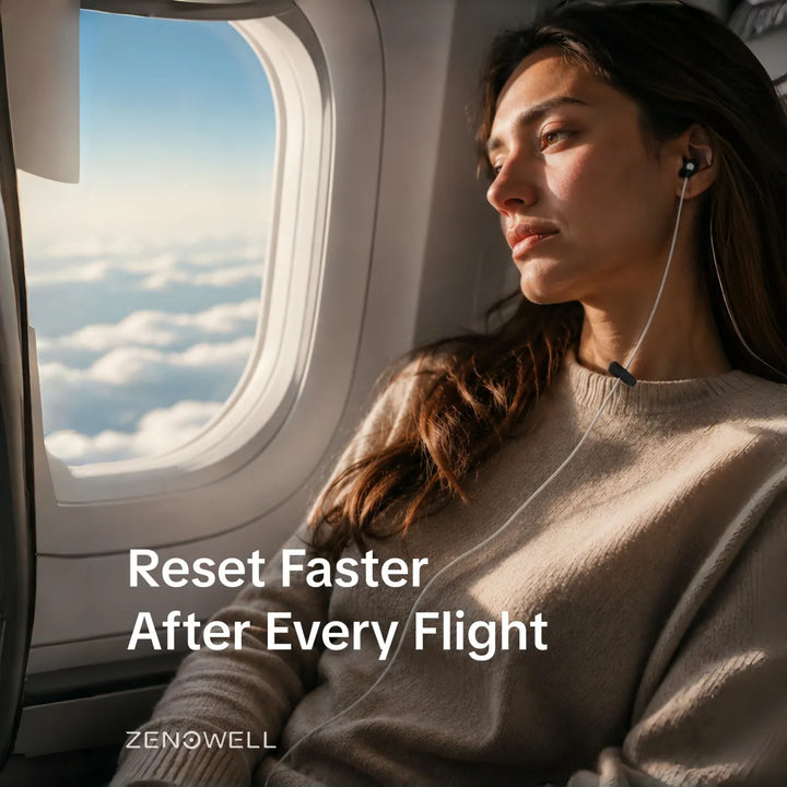 tired traveler resting by an airplane window after a long flight