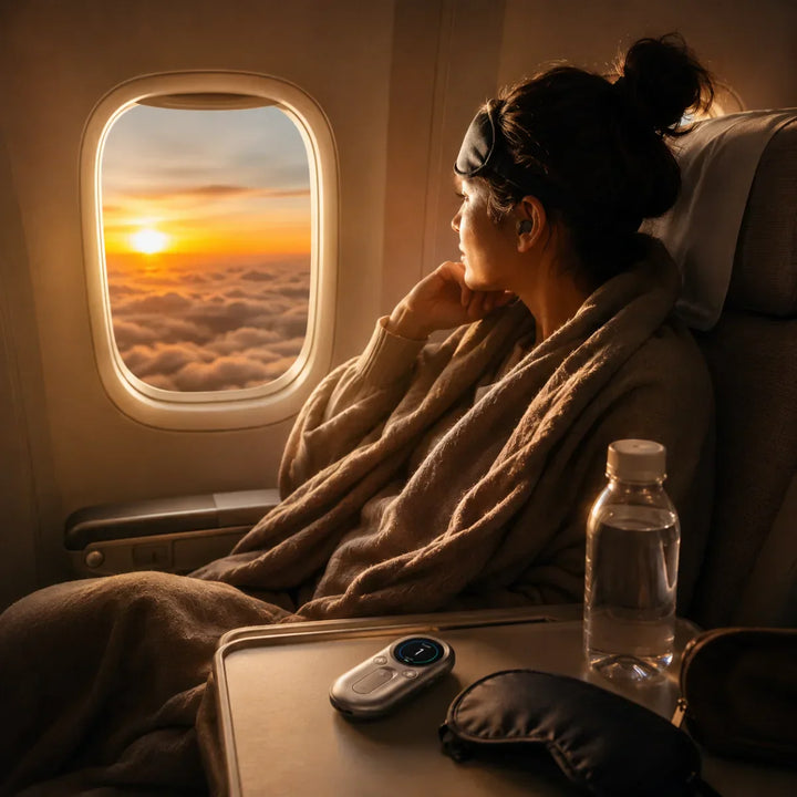 traveler winding down in a hotel room after a long-haul flight