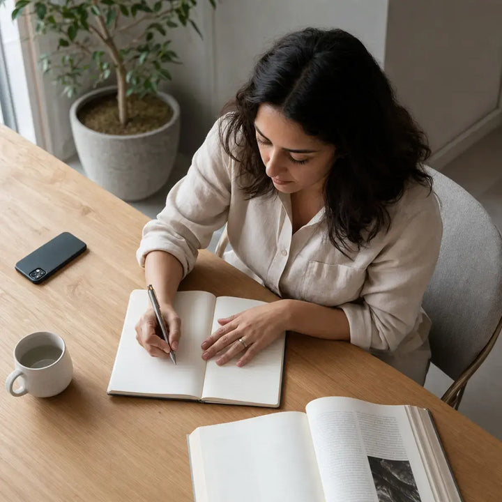 Person writing notes at a desk while maintaining focus during a quiet study routine