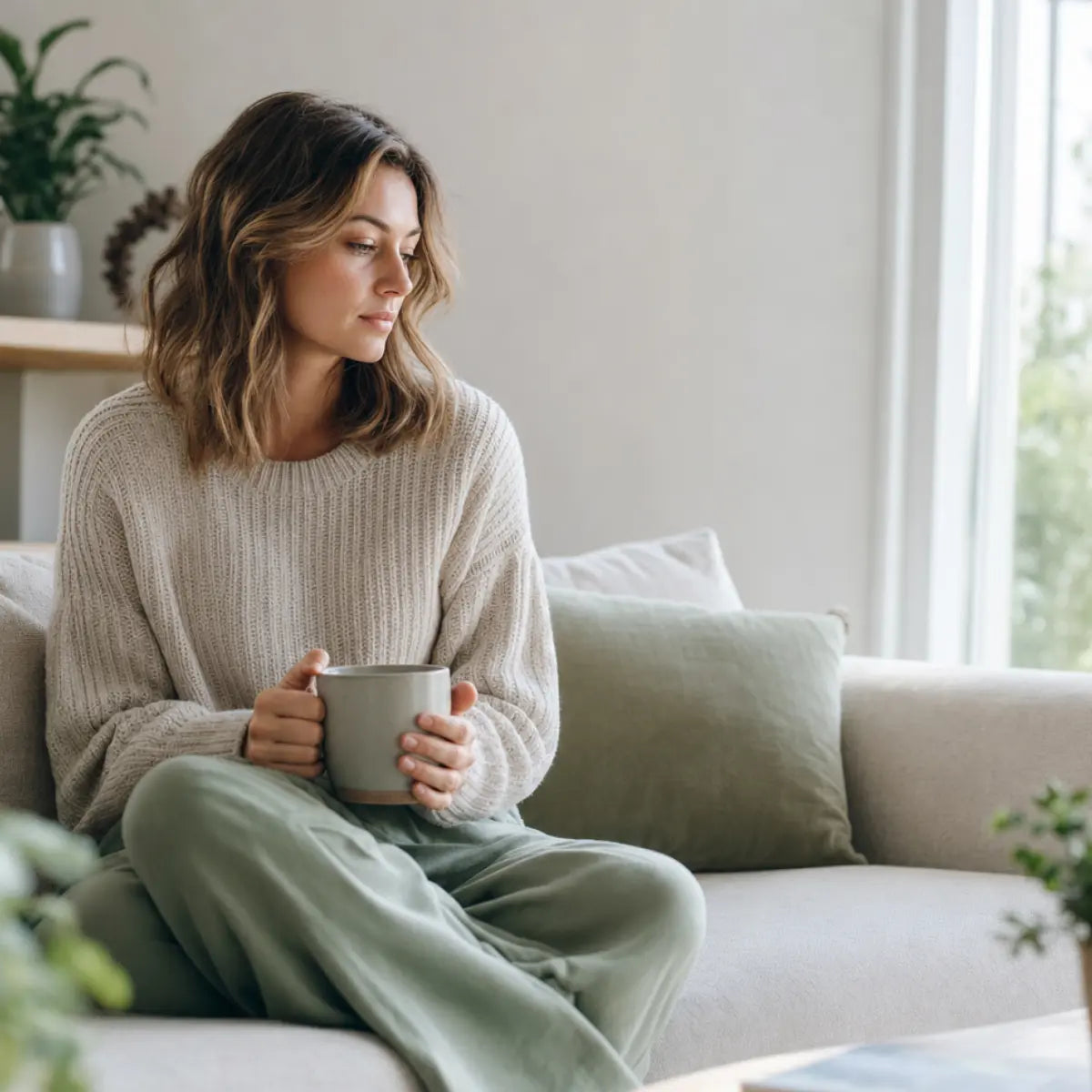 Woman sitting quietly on a sofa holding a mug, reflecting during a stressful week