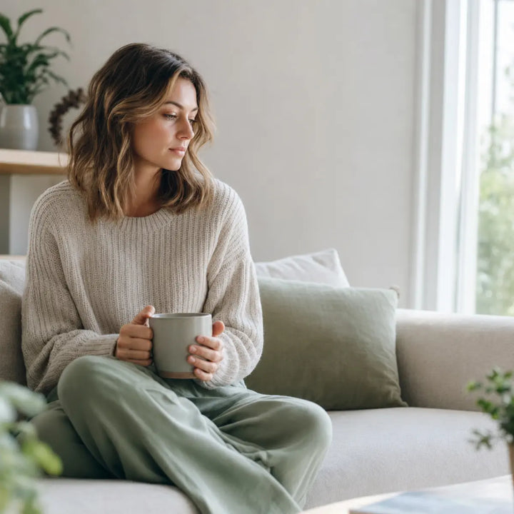 Woman sitting quietly on a sofa holding a mug, reflecting during a stressful week