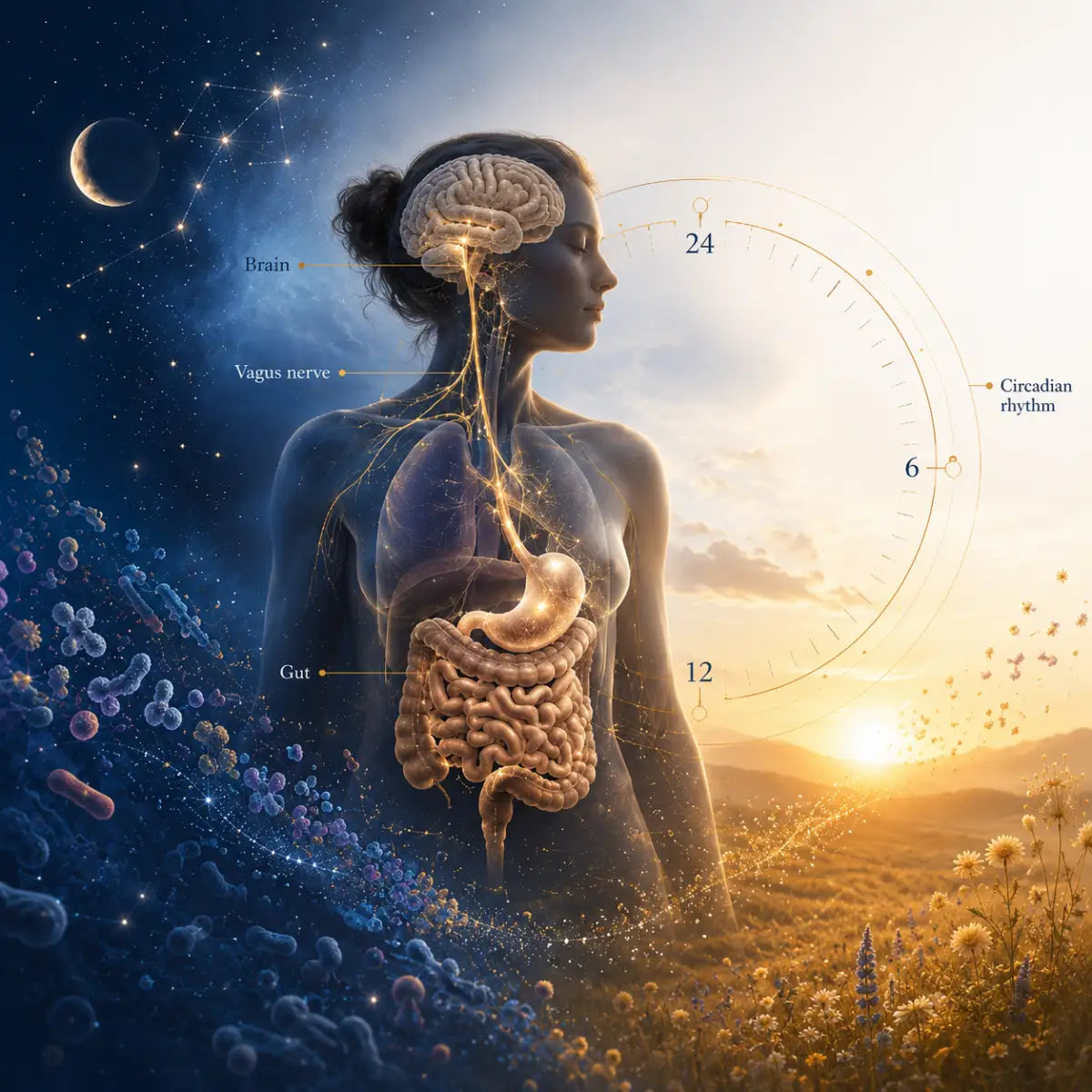 Scientific cover illustration showing how sleep and digestive health are linked through the gut-brain axis