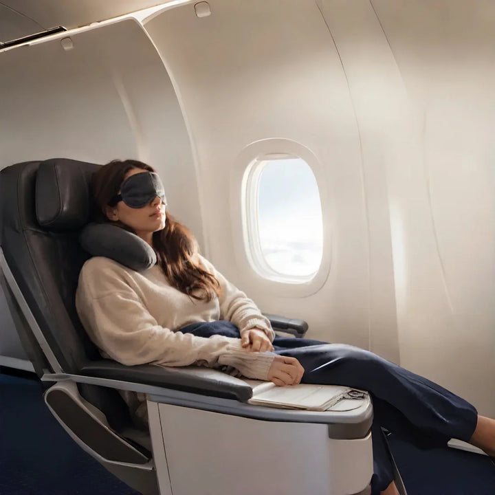 A woman resting in an airplane seat with an eye mask during a long flight