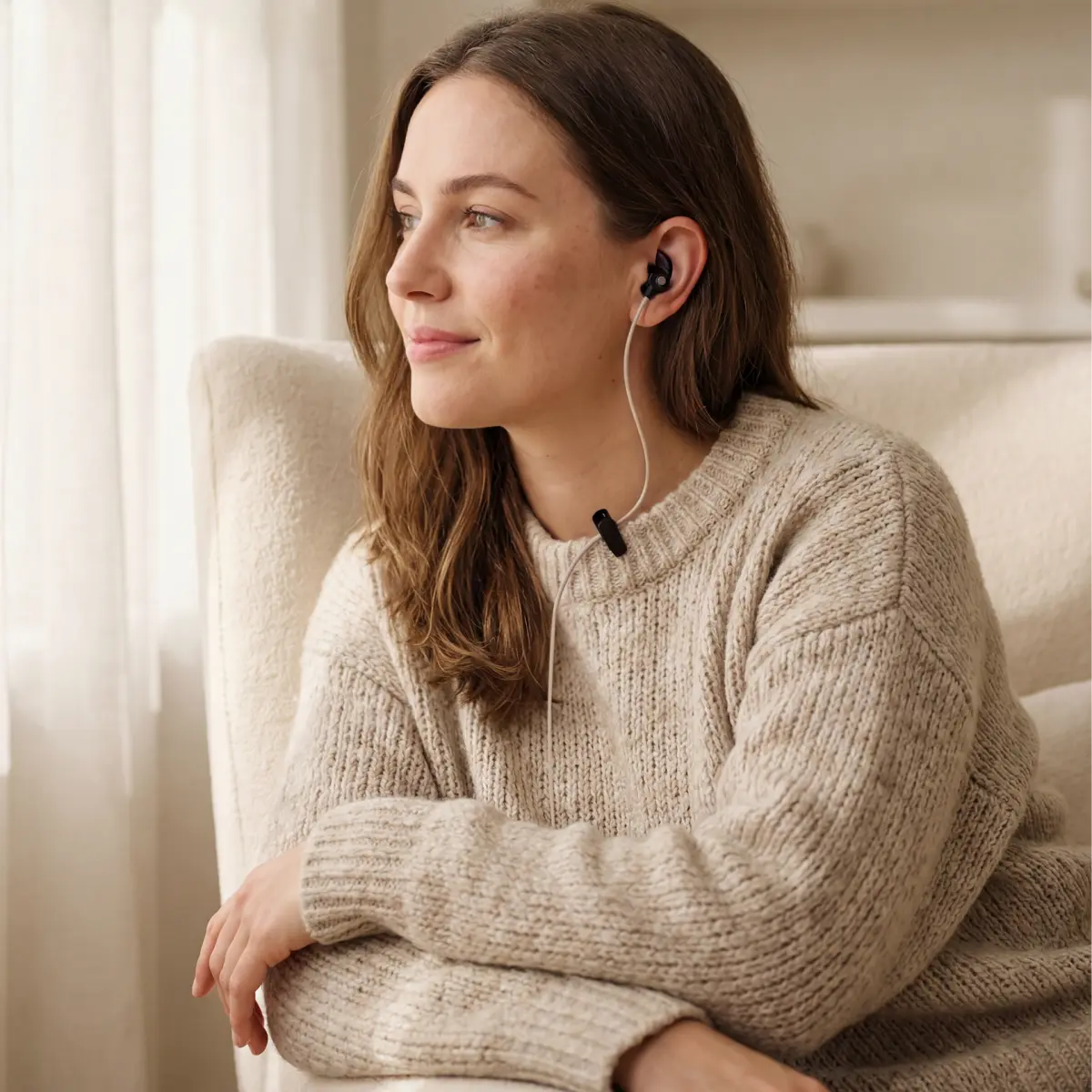 Woman using an ear-worn vagus nerve stimulation device during a quiet wellness routine
