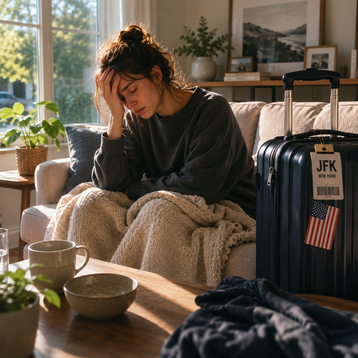 Jet lag after returning home, showing a tired traveler resting on a couch with a suitcase after a long trip.