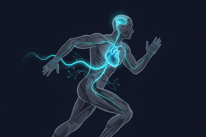 Scientific illustration of vagus nerve pathway in athletic body showing HRV and parasympathetic nervous system for performance and recovery
