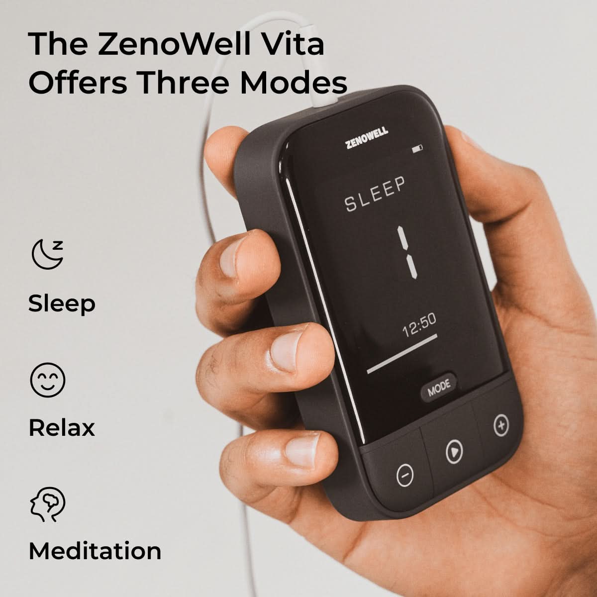 TaVNS ZenoWell Vita device being held in hand, displaying the 'Sleep' mode and offering three modes: Sleep, Relax, and Meditation.