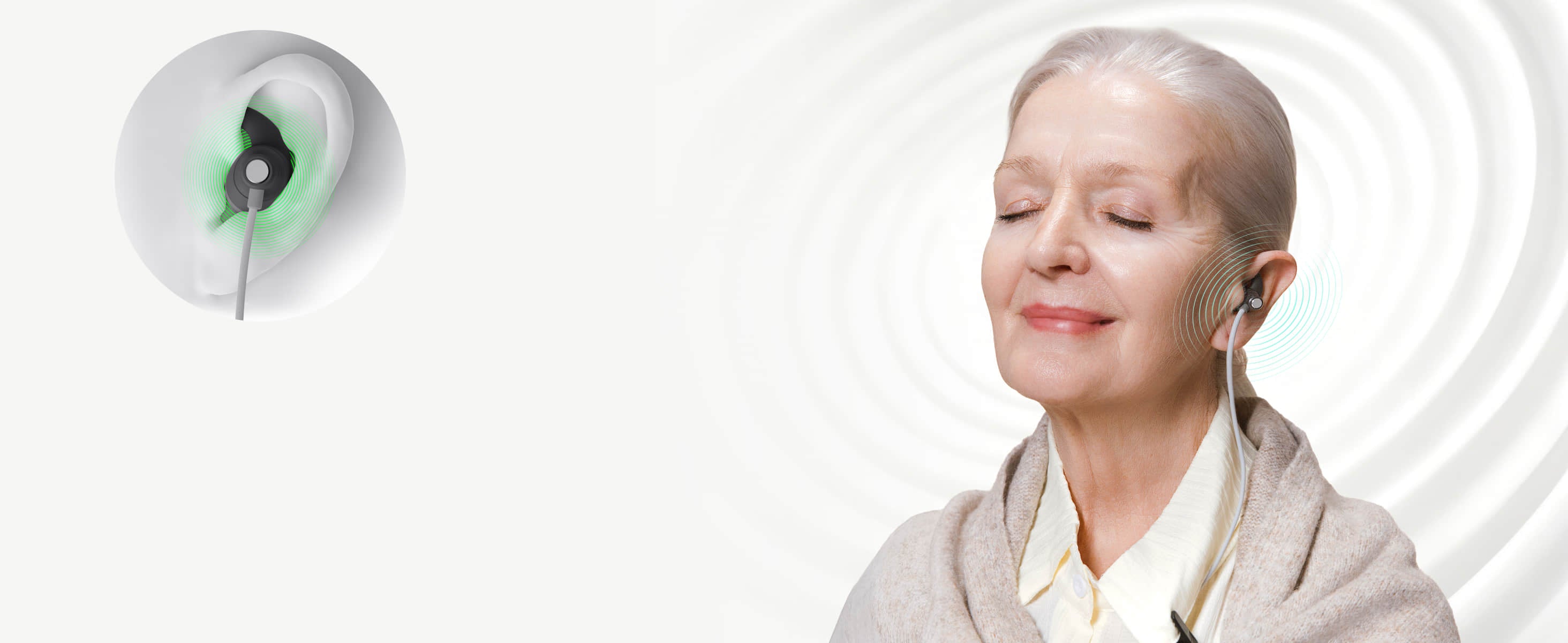 A senior woman using ZenoWell earpiece for vagus nerve stimulation, experiencing relaxation, with wave graphics indicating the effect.