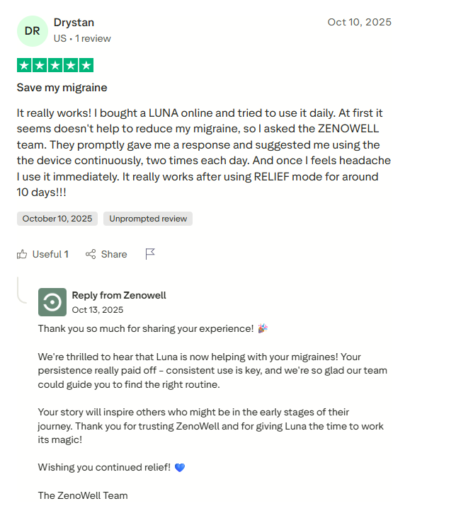 Drystan headache testimonial screenshot