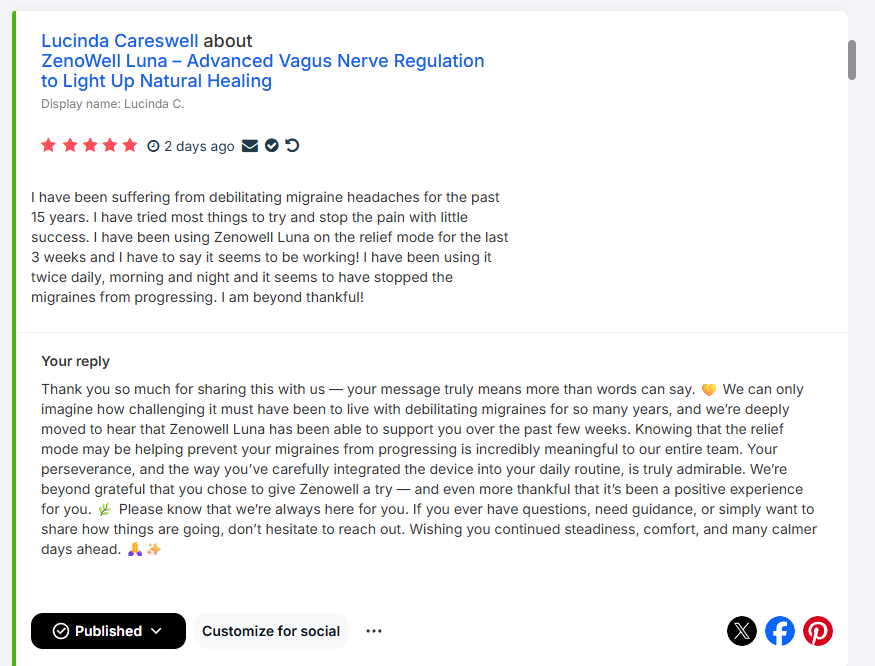 Lucinda C. headache testimonial screenshot