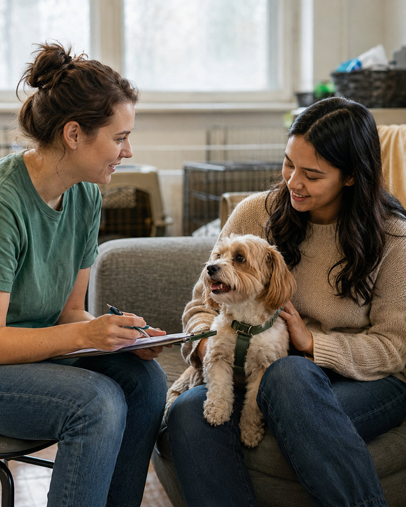 A calm adopter resting at home with a rescued pet